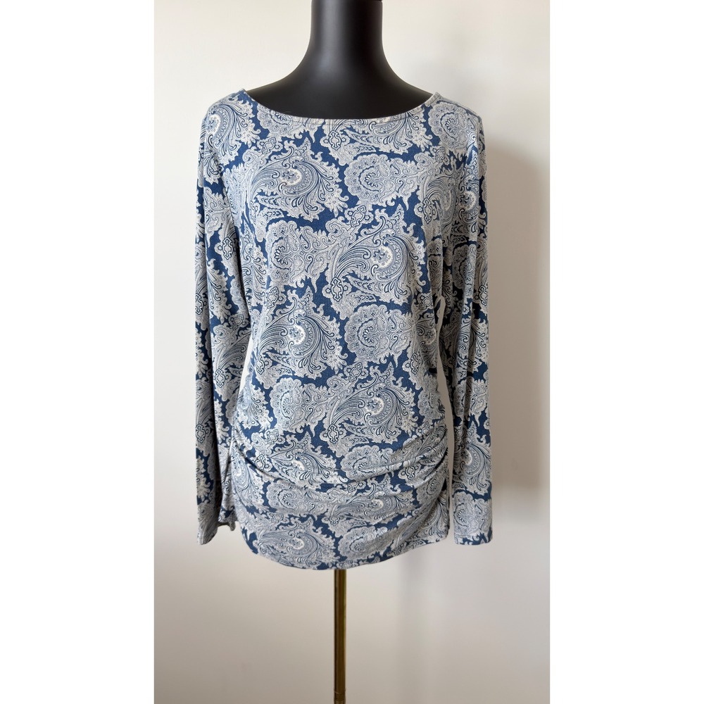 Talbots Womens Blue White Paisley Side Ruched Long Sleeve Boat Neck Top Large
